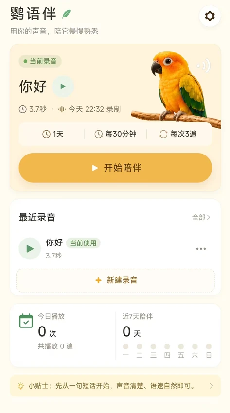 鹦语伴首页界面，展示最近录音与开始陪伴入口